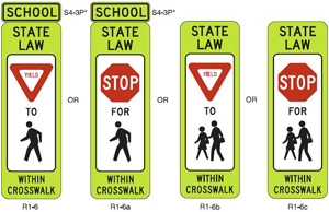 Stop and school signs.